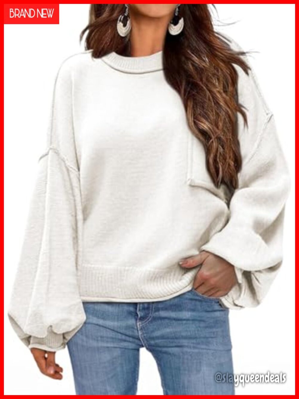 Ribbed Knit Lantern Sleeve Pullover Sweater Women's